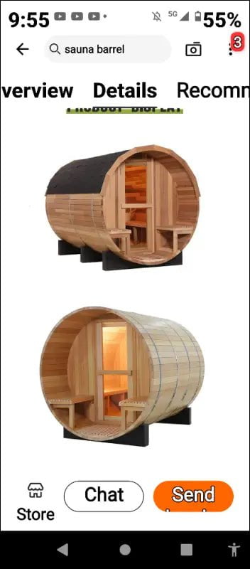 Wooden barrel-shaped outdoor sauna with a glass door and interior lighting.