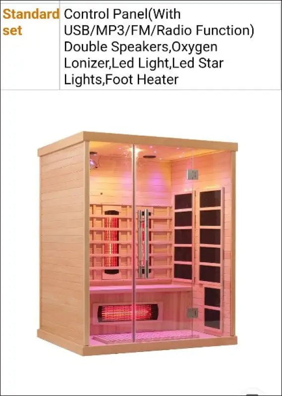 Wooden infrared sauna cabin with pink lighting, speakers, and control panel features.