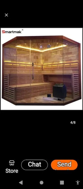 Modern indoor sauna with wooden benches and LED lighting.