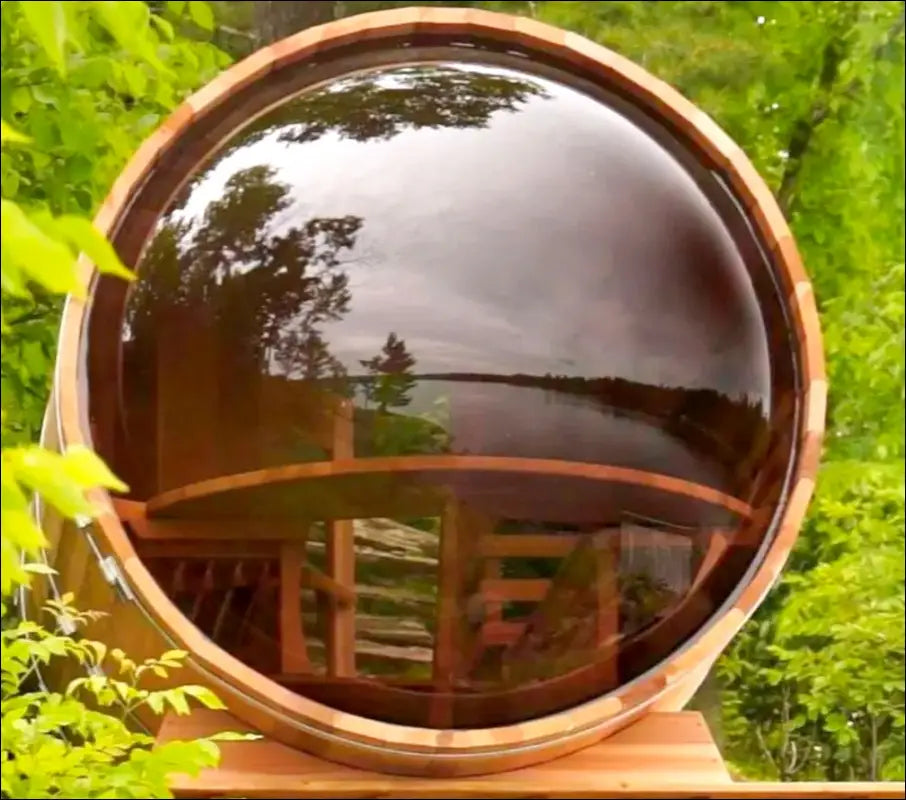 Panoramic view sauna set in the bushes.