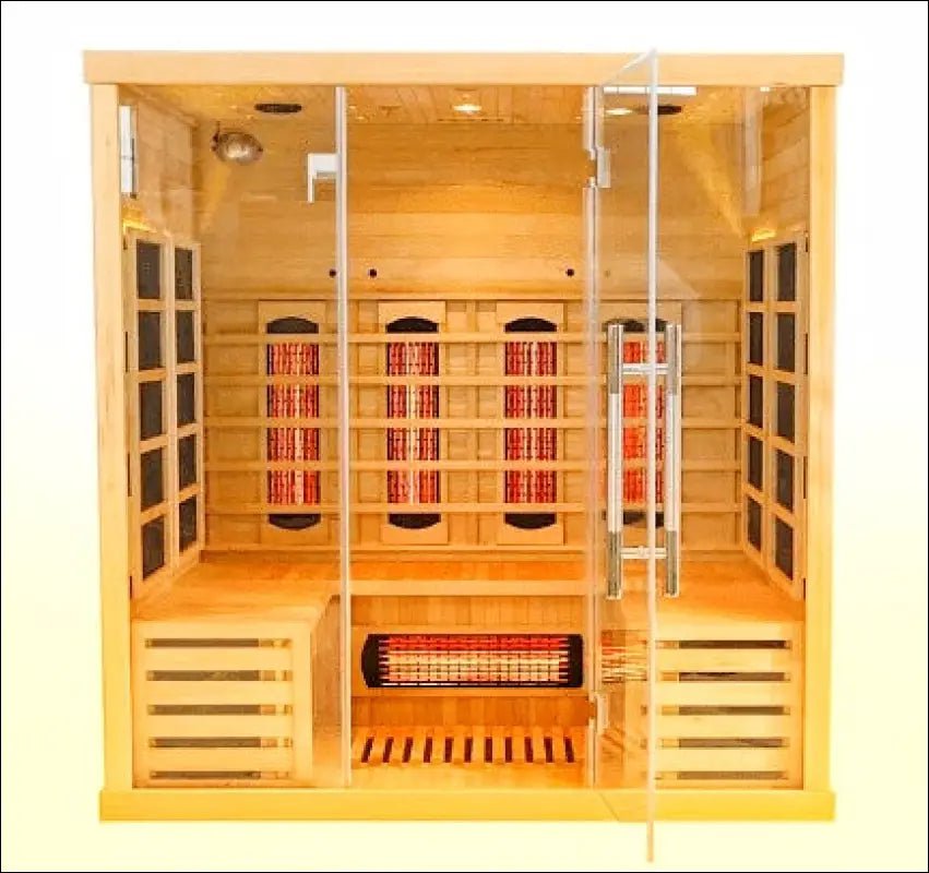 Wooden infrared sauna with glass doors and multiple heating panels.