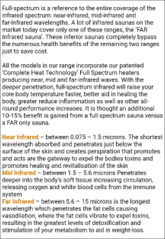 Text excerpt explaining different infrared wavelength ranges and their effects on the body during sauna use.