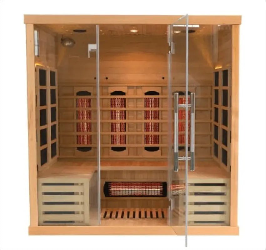 Modern infrared sauna cabin with glass doors and wooden interior panels.