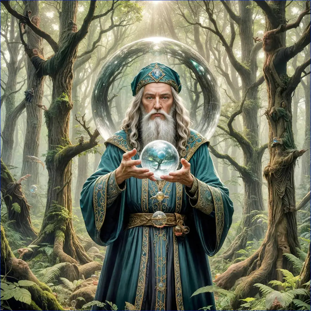 A wizard in ornate blue robes holding a glowing crystal sphere.