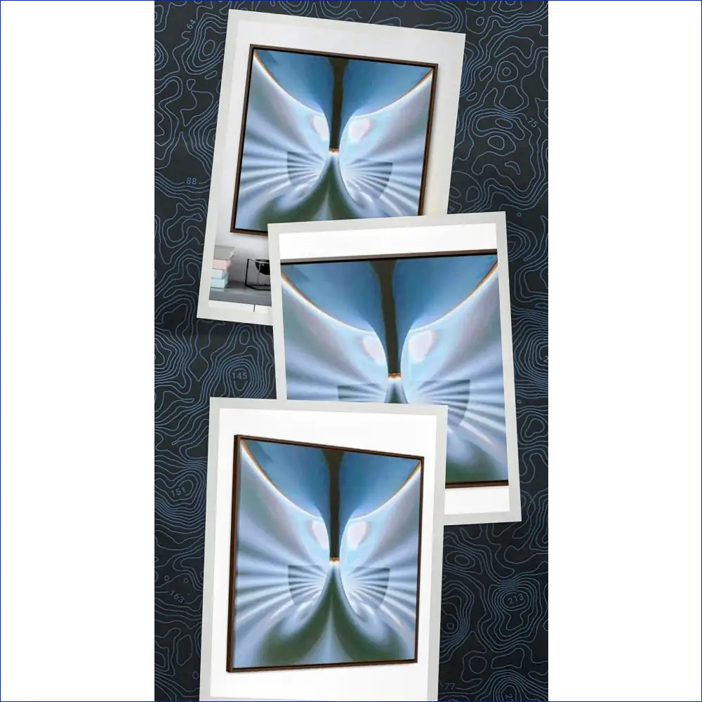 Three overlapping Polaroid-style photographs showing an abstract blue and white wing-like pattern.