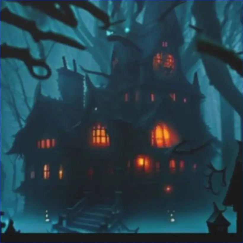 Spooky haunted house with glowing orange windows in a gothic style.