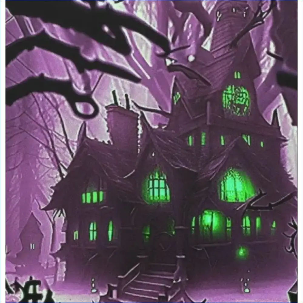 Spooky haunted mansion with glowing green windows and a purple atmosphere.