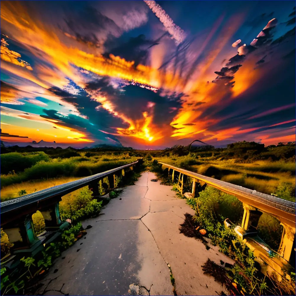 Cracked concrete pathway with railings stretches toward a dramatic sunset.