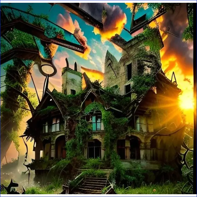 Overgrown, abandoned Victorian mansion with vines climbing its facade beneath a dramatic sunset sky.