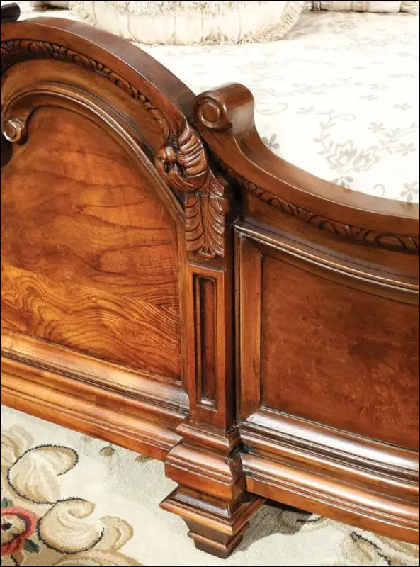 Close up detail of Gorgeous solid wood French styled king sized bed-