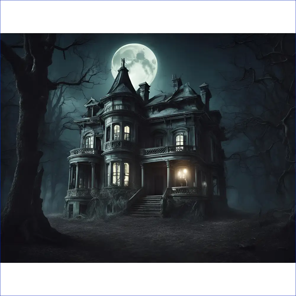 Spooky Victorian mansion with glowing windows under moonlight.