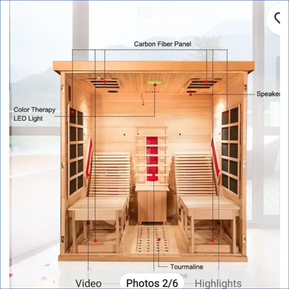 Wooden infrared sauna cabin with labeled features including carbon fiber panels, LED lights, and tourmaline stones.