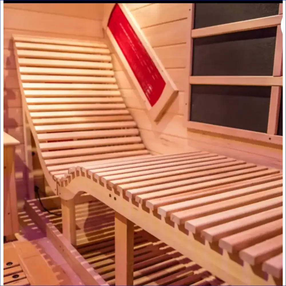 Wooden sauna bench with slatted design.