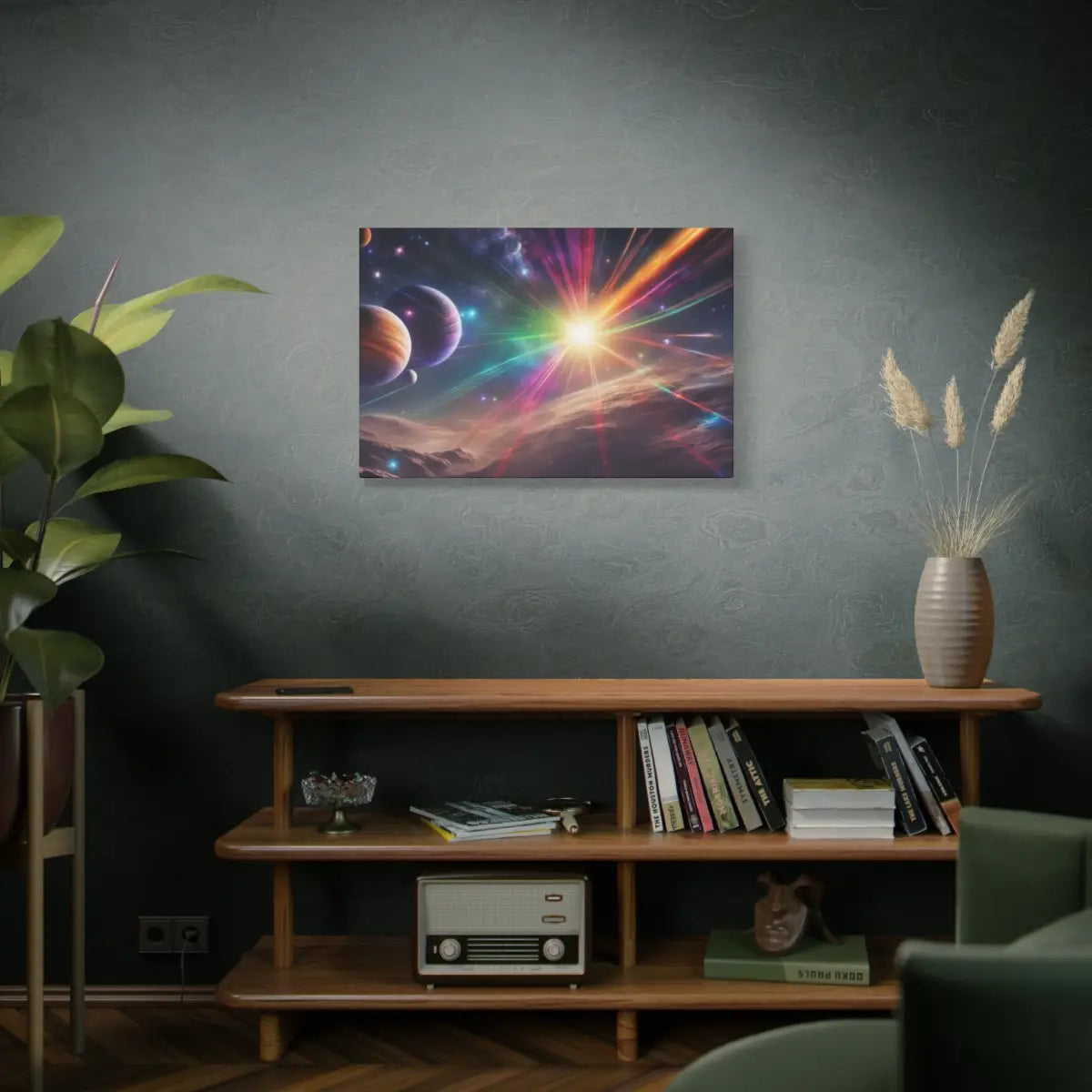 Vibrant cosmic digital art print featuring planets and colorful space explosion.