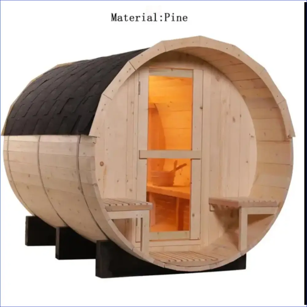 Barrel-shaped wooden sauna with a glass door and warm interior lighting.