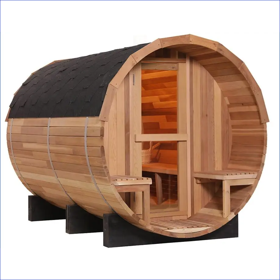 Barrel-shaped wooden sauna with a door and window.