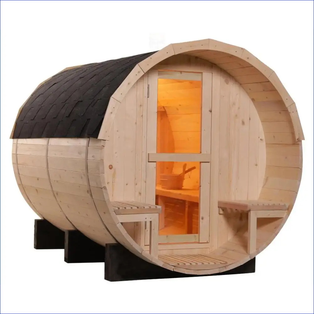 Barrel-shaped wooden sauna with a glass door and warm interior lighting.