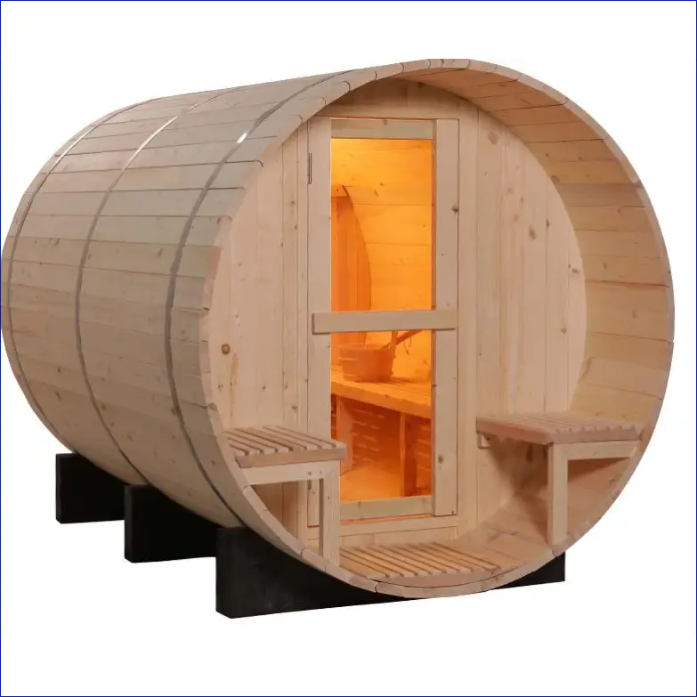 Barrel-shaped wooden sauna with a glass door and warm interior lighting.