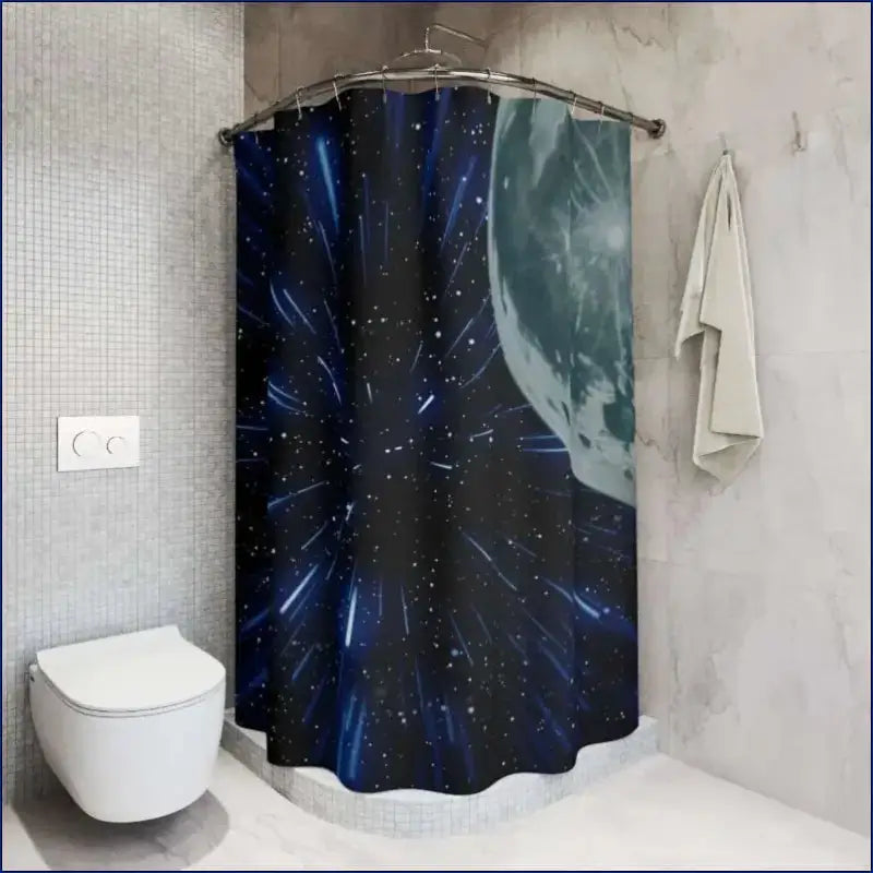 Space-themed shower curtain featuring stars, meteors and a partial moon against a dark background.