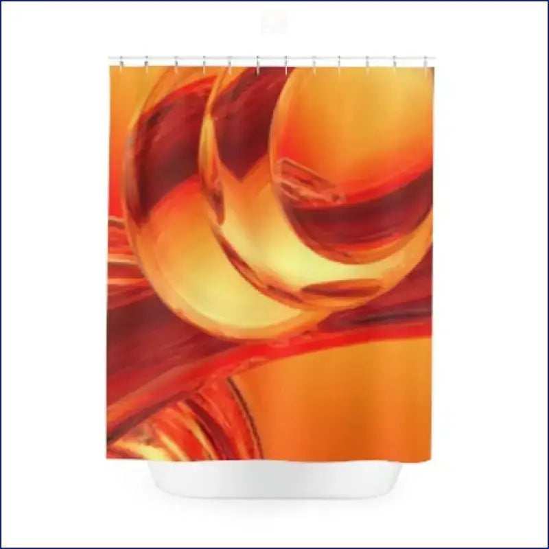 Shower curtain with swirling orange and red abstract pattern.