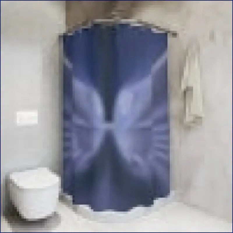 Navy blue shower curtain with a radiating starburst pattern.