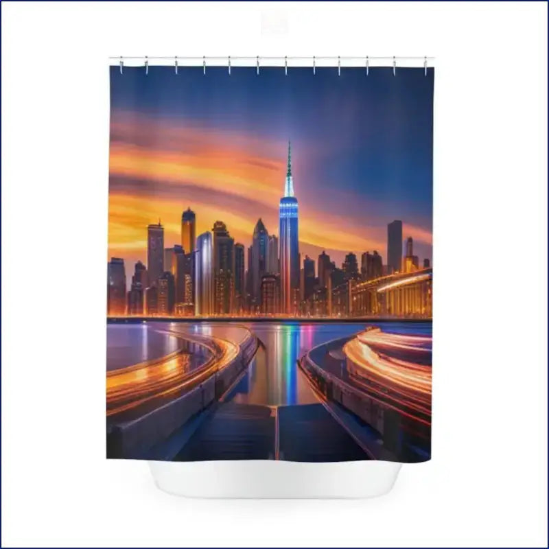 Shower curtain featuring a dramatic New York City skyline with light trails at sunset.