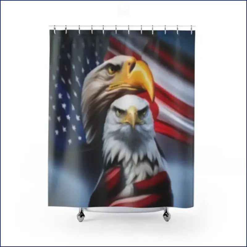 Patriotic shower curtain featuring two bald eagles against an American flag design.