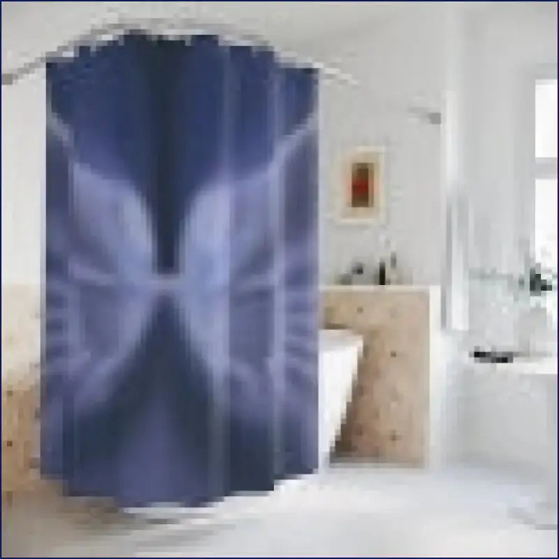 Navy blue shower curtain with a starburst pattern radiating from the center.