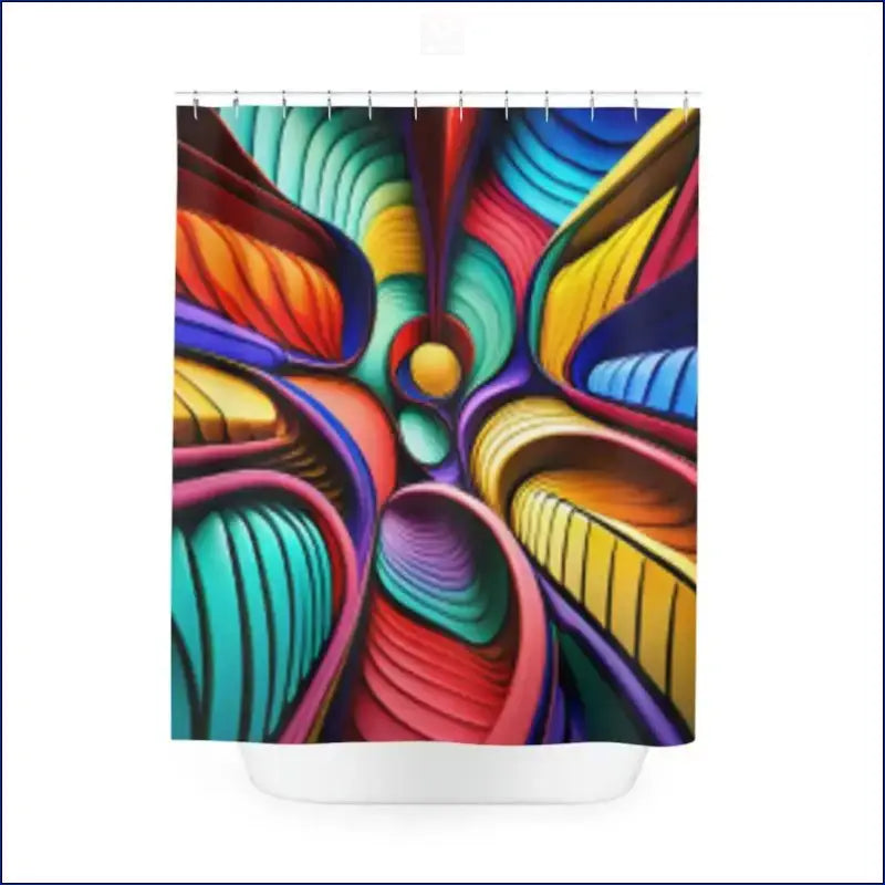 Colorful abstract shower curtain featuring swirling curved patterns in vibrant rainbow hues.