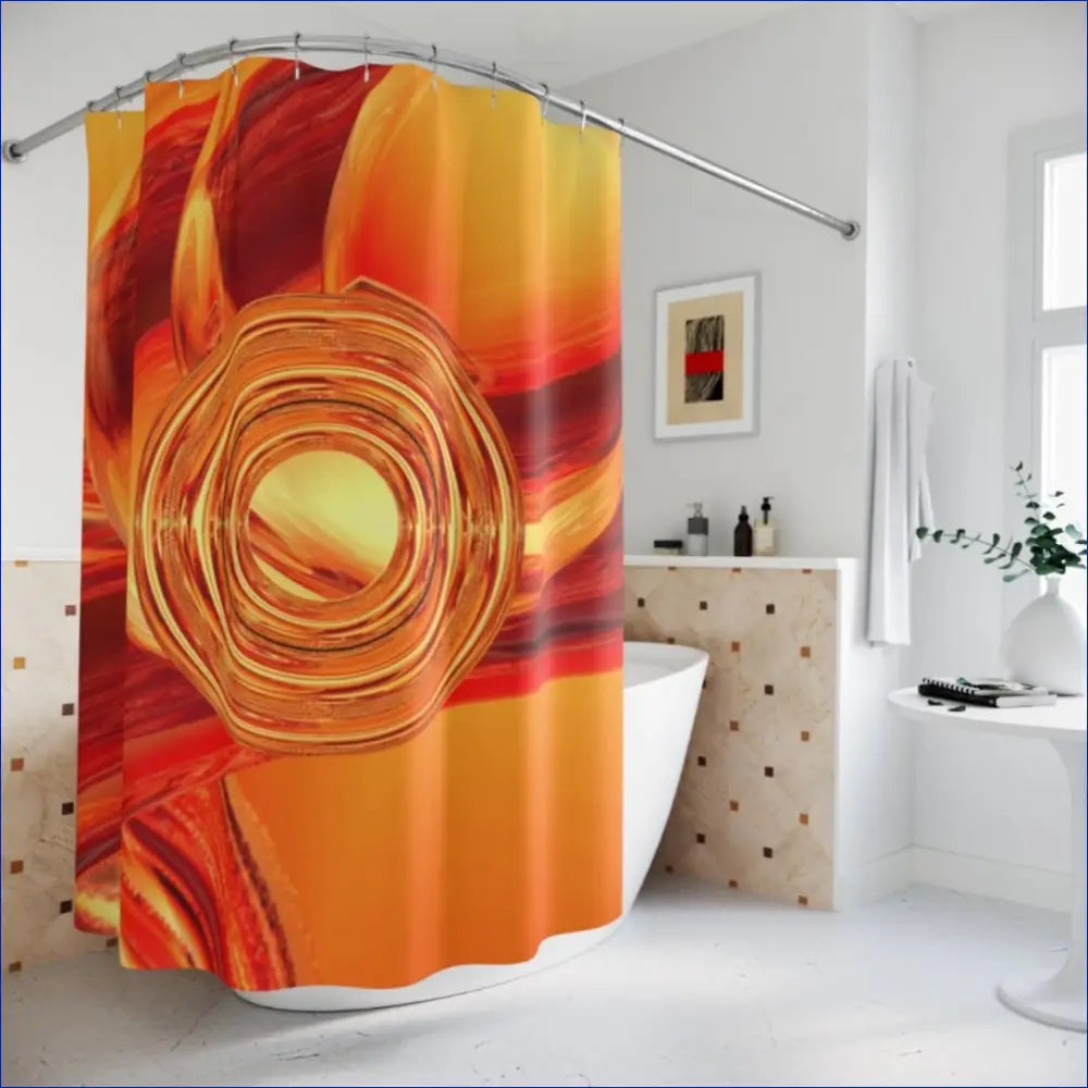 Vibrant orange and red shower curtain featuring a spiral abstract design.