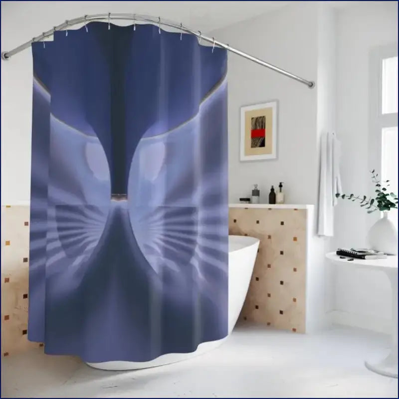 Navy blue shower curtain with a radiating abstract pattern.