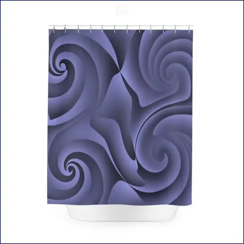 Shower curtain with purple swirling spiral pattern.