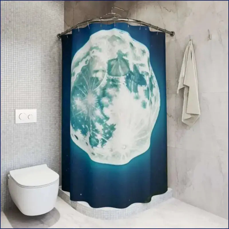 Moon-themed shower curtain with a glowing full moon against a deep blue background.