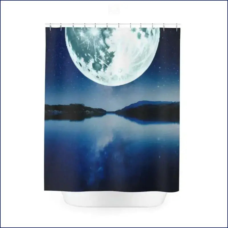 Shower curtain featuring a moonlit lake scene with mountains.