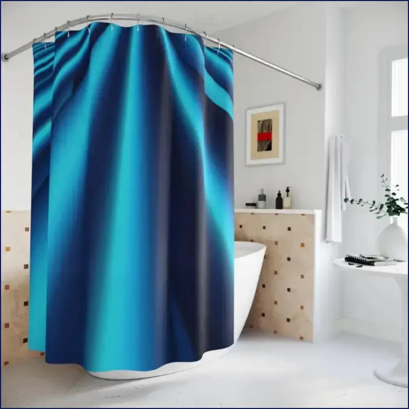 Bright turquoise shower curtain with flowing fabric folds.