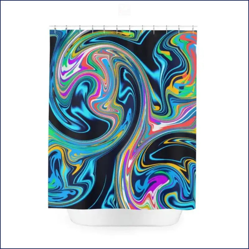 Shower curtain with swirling psychedelic marbled patterns in blue, pink, purple, and yellow.