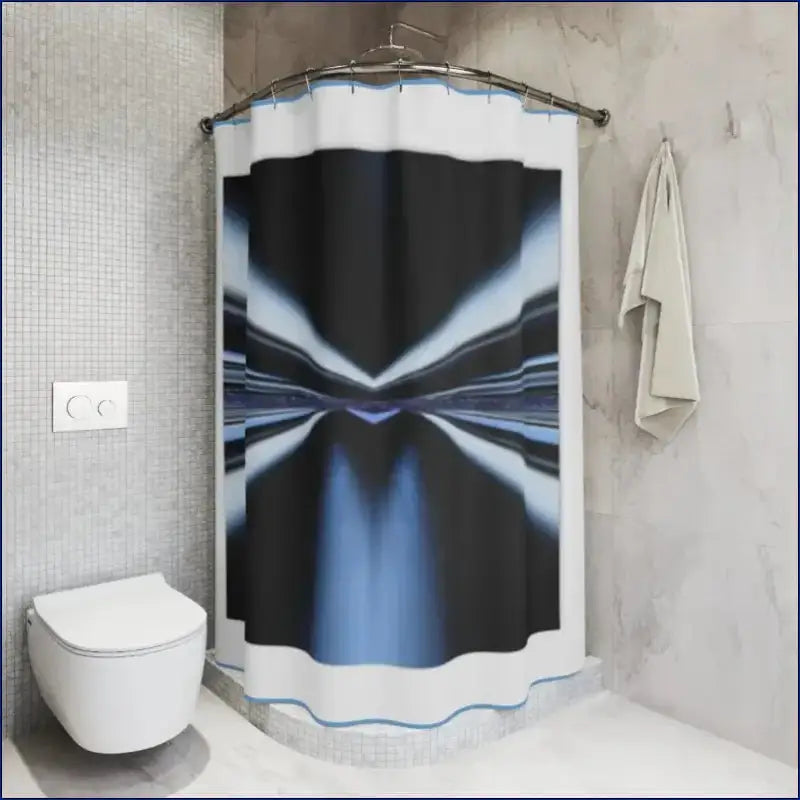 Modern shower curtain with an abstract black, white and blue geometric pattern.