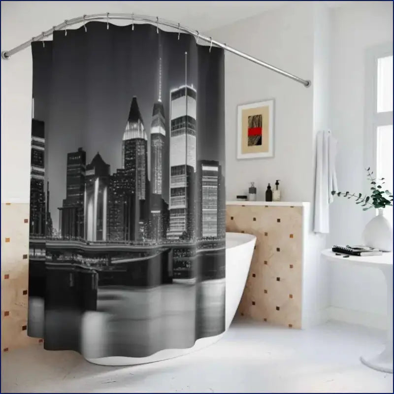 Black and white shower curtain featuring the New York City skyline with skyscrapers reflected in water.