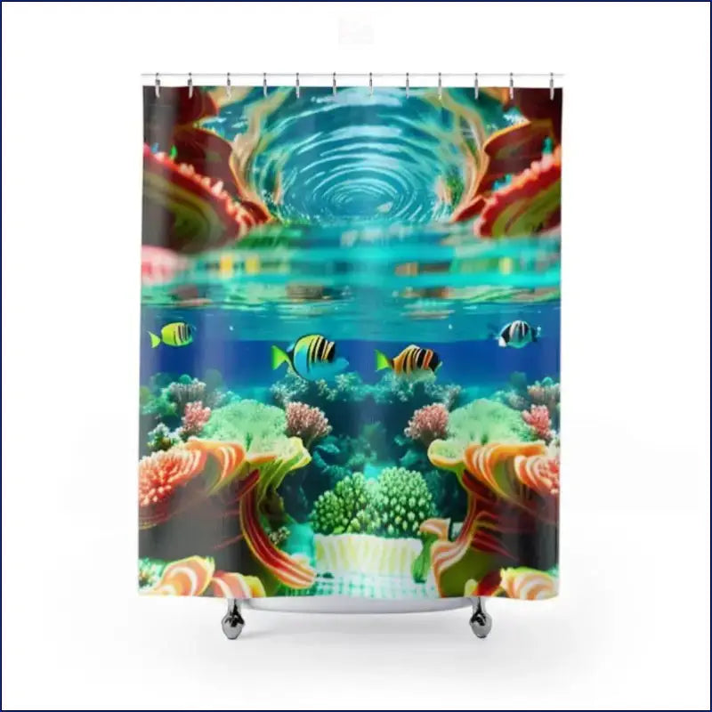 Decorative shower curtain featuring an underwater coral reef scene with tropical fish.