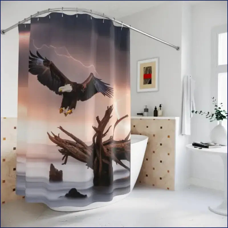 Shower curtain featuring a bald eagle soaring over driftwood in a misty landscape.