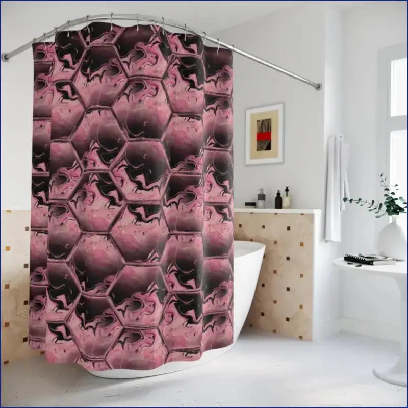 Pink and black hexagonal patterned shower curtain with a repeating geometric design.