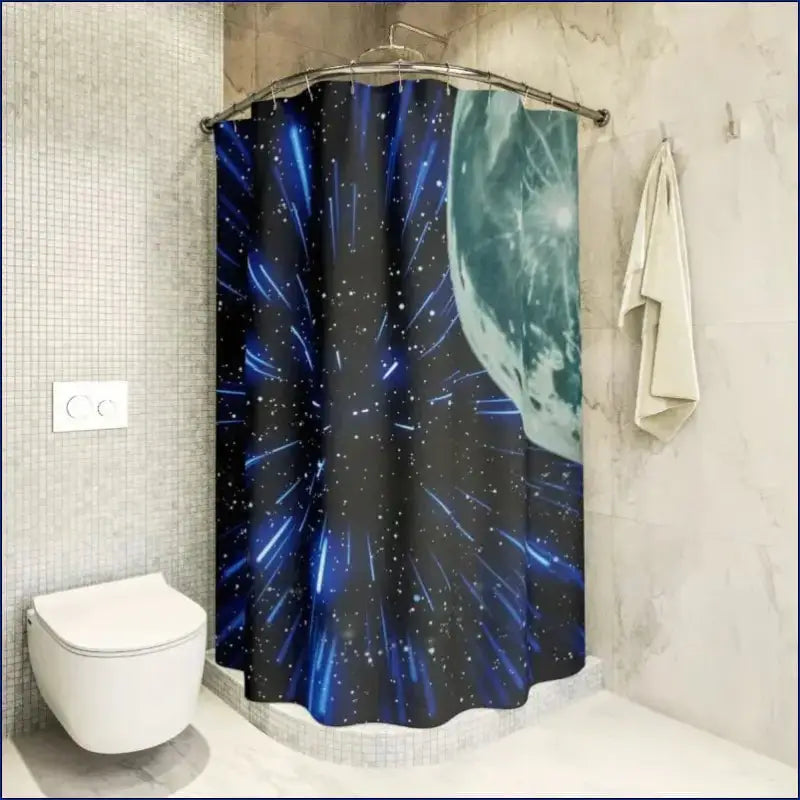 Space-themed shower curtain featuring a cosmic design with blue streaks and a partial moon.