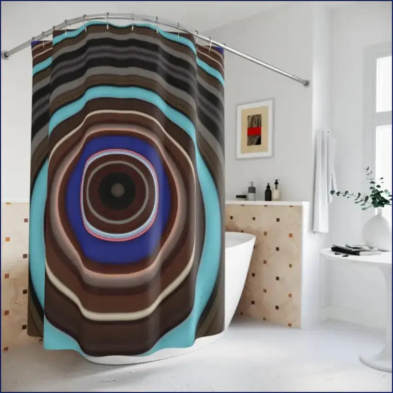 Shower curtain with concentric circular pattern in brown, blue, and turquoise colors.