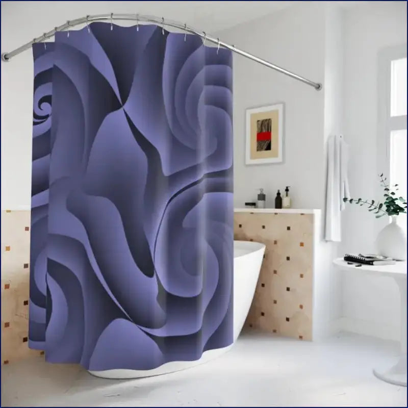 Purple floral patterned shower curtain with abstract rose design.