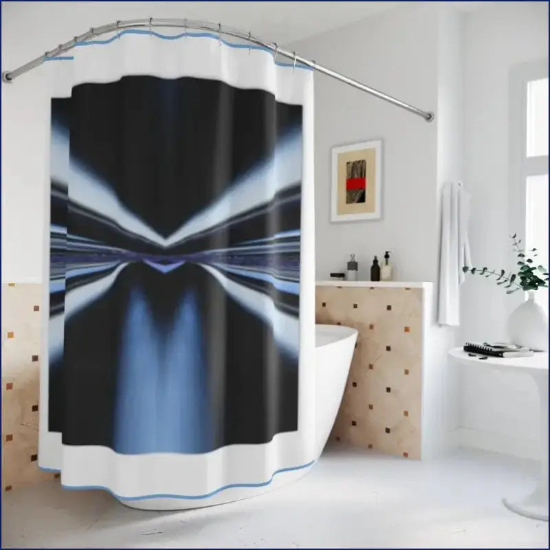 Shower curtain with an abstract black and blue geometric design.