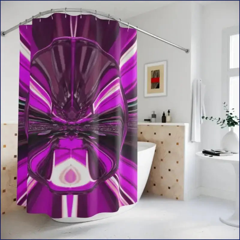 Vibrant purple and white abstract patterned shower curtain with metallic-looking geometric designs.