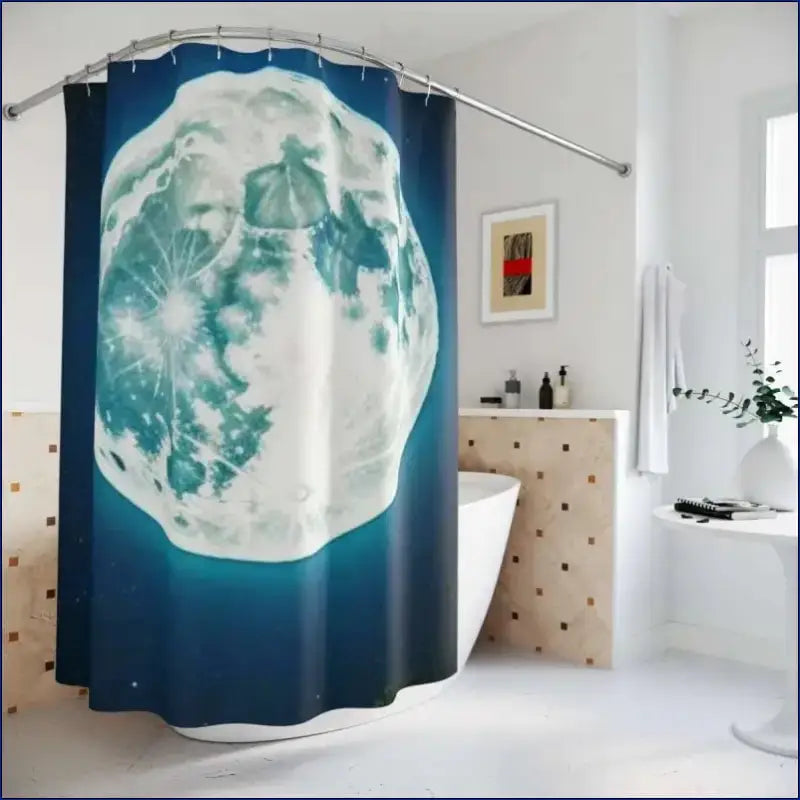 Shower curtain featuring a glowing full moon design against a dark blue background.