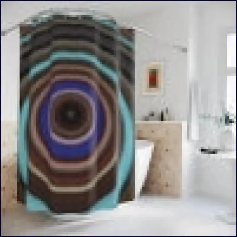 Abstract octagonal artwork with concentric rings in brown, blue, and turquoise colors.