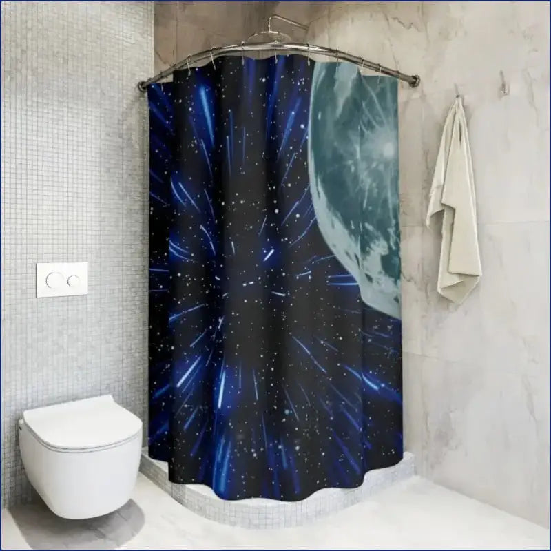 Space-themed shower curtain featuring a cosmic design with blue streaks and stars against a dark background.