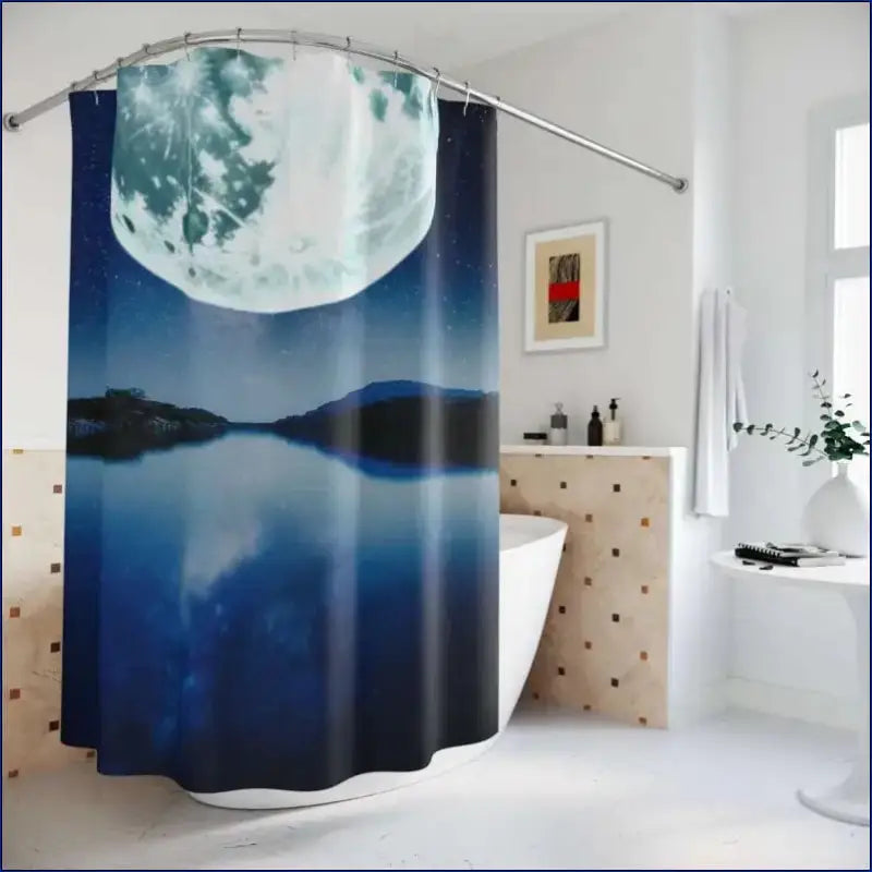 Shower curtain featuring a dramatic moonlit night sky over water.